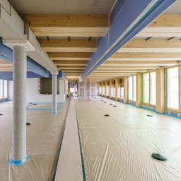 Interior of Cree timber-hybrid resource saving building under construction